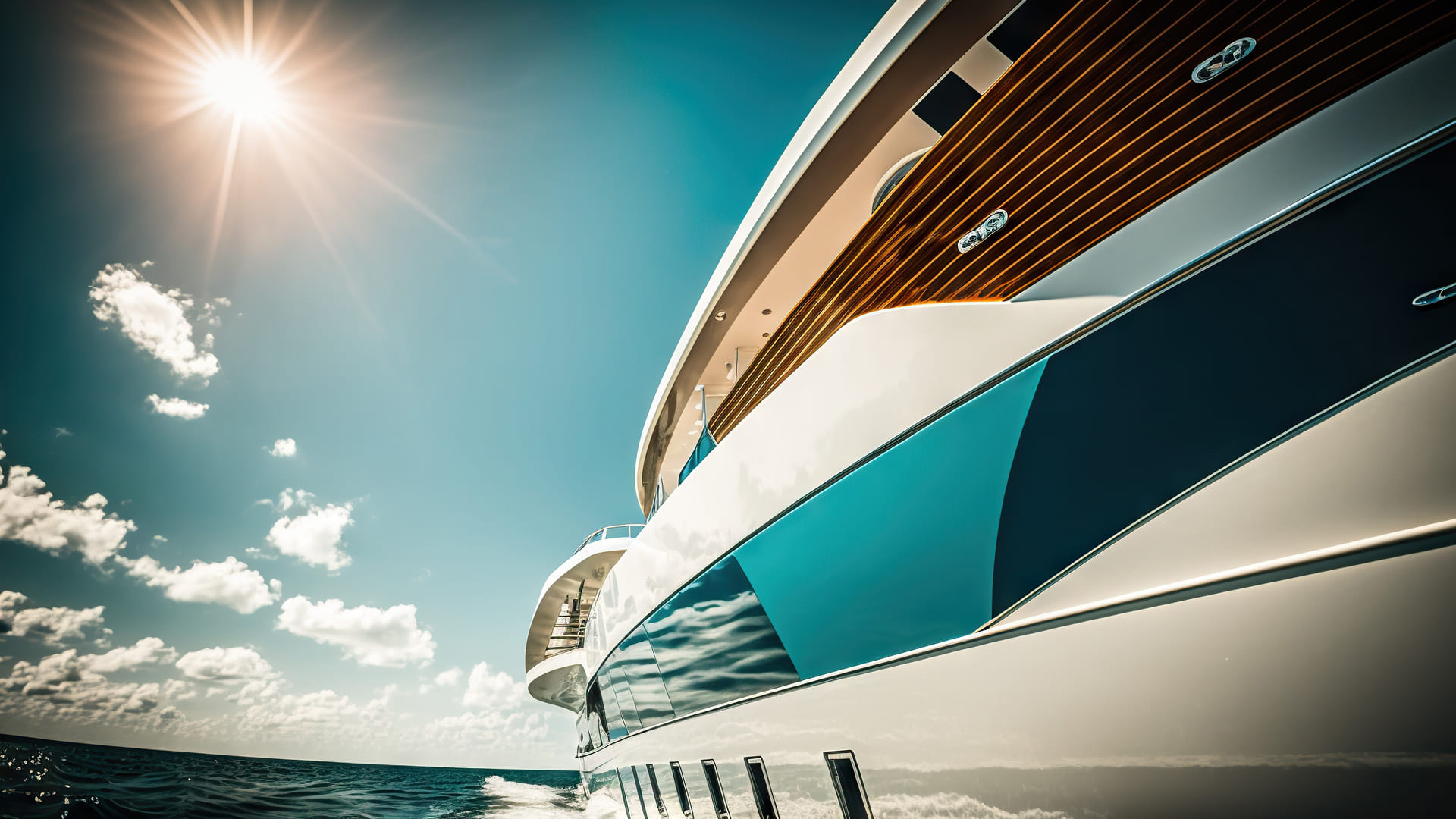 Luxurious yacht cruising under clear blue skies with sun flare — showcasing premium maritime lifestyle and vessel design