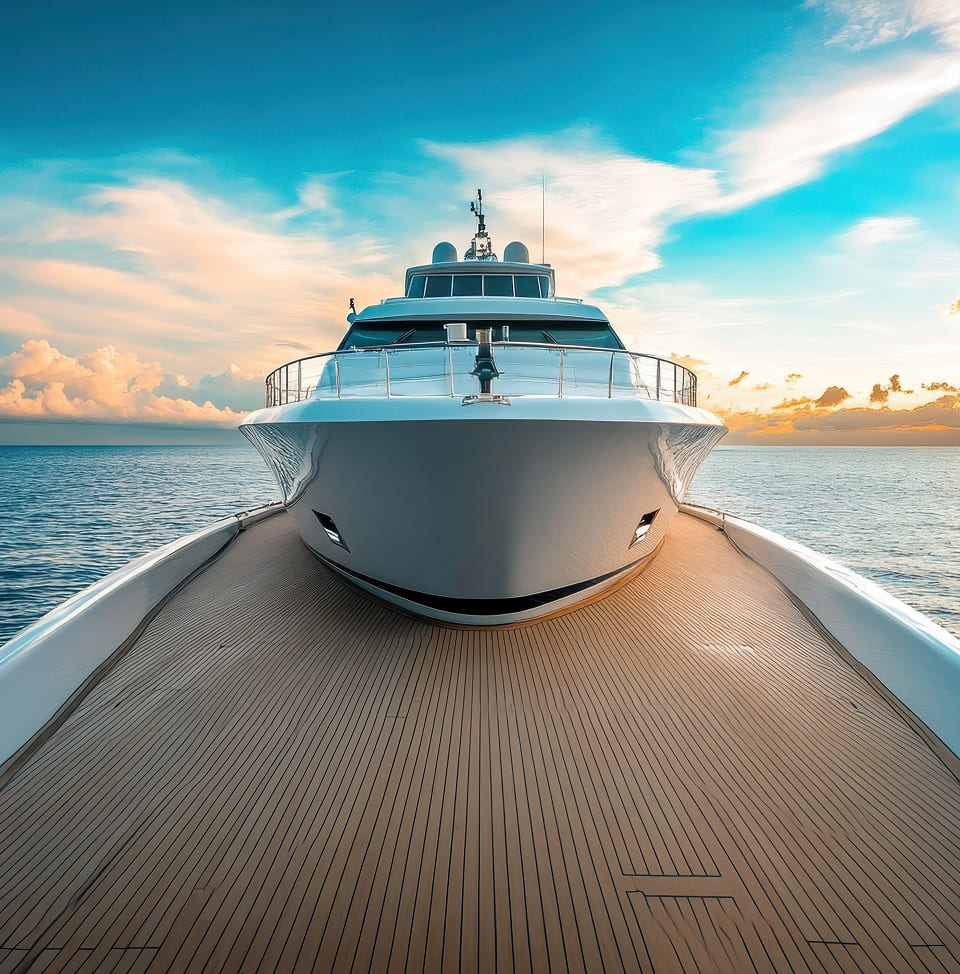 Front view of a luxury yacht cruising at sunset — elegant deck design and serene ocean experience by Zenith Eset