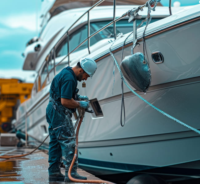 Marine technician performing yacht maintenance at the dock — expert care and repair services by Zenith Eset